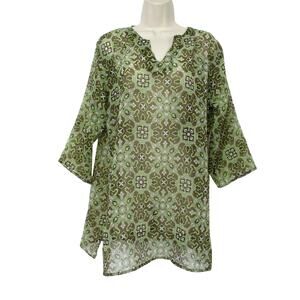 Cypress Home Tunic Top Womens Large Green Brown Sheer 3/4 Sleeve V-Neck